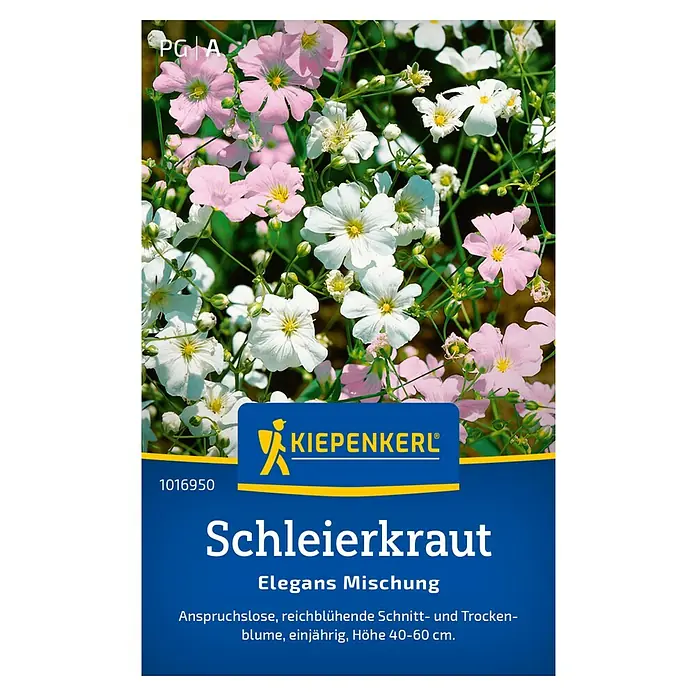 Kiepenkerl Blumensamenmischung Schleierkraut Elegans - Gypsophila elegans, Mehrfarbig - Das Bild zeigt die Verpackung von Schleierkraut Elegans Mischung Samen der Marke Kiepenkerl mit pinken und weißen Blüten.