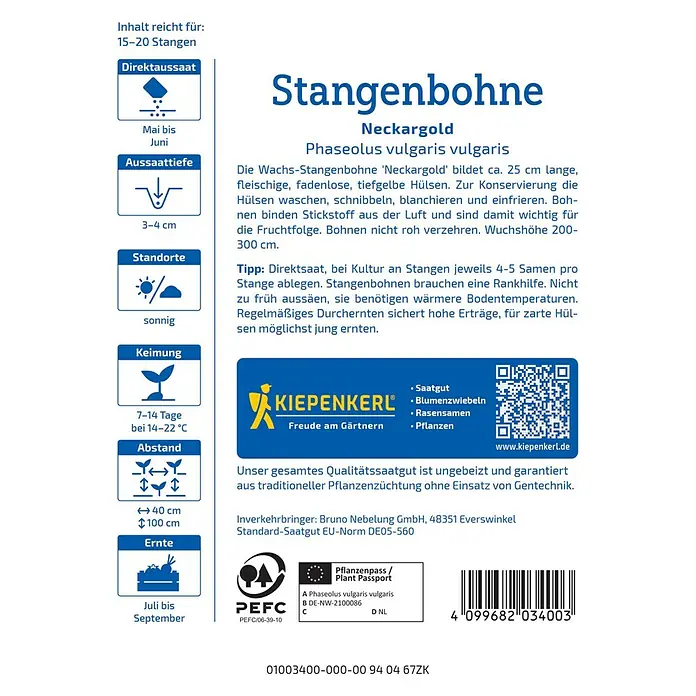 Kiepenkerl Gemüsesamen Stangenbohne Nackergold - Phaseolus vulgaris var. vulgaris, Erntezeit: Juli - Bild einer Saatguttüte für Stangenbohnen Neckargold, eine Sorte der Phaseolus vulgaris vulgaris.