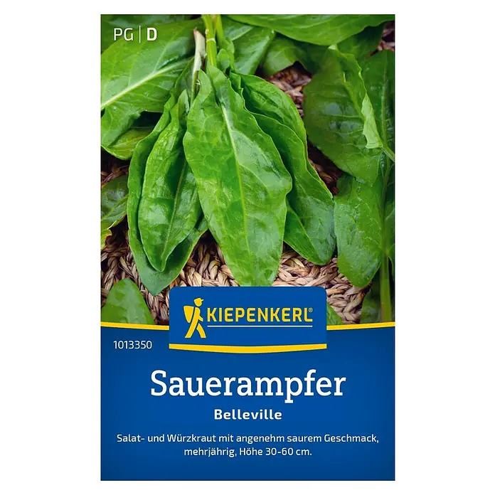 Kiepenkerl Gemüsesamen Sauerampfer Belleville - Rumex acetosa, Erntezeit: Juni - Abbildung einer Sauerampfer-Samenpackung der Marke Kiepenkerl, Sorte Belleville.