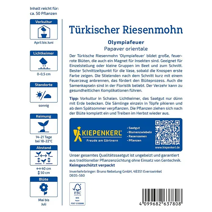 Kiepenkerl Profi-Line Blumensamen Türkischer Riesenmohn - Papaver orientale, Rot - Samentüte mit Türkischem Riesenmohn 'Olympiafeuer', einer orientalischen Mohnsorte mit leuchtend roten Blüten.