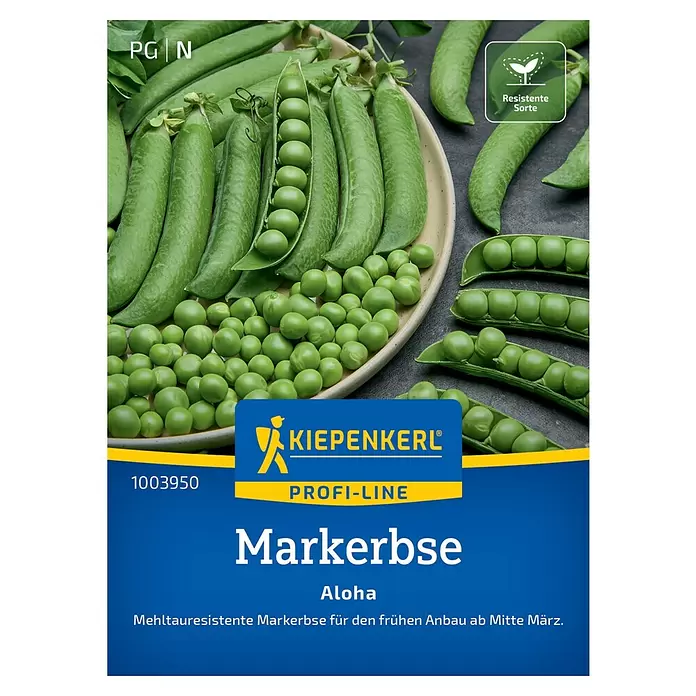 Kiepenkerl Profi-Line Gemüsesamen Aloha - Pisum sativum medullare, Erntezeit: Mai, Inhalt reicht für ca. 6 - 8 lfd. Meter - Frische grüne Erbsen, teilweise in Schoten, auf einem Teller angerichtet, zum Anbau.