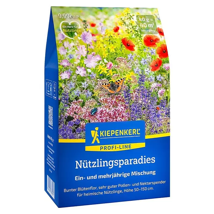 Kiepenkerl Profi-Line Blumenmischung Nützlingsteppich - Mehrjährig, 50 cm - 150 cm - Blau-gelbe Kiepenkerl Profi-Line Samenpackung 'Nützlingsparadies' mit farbenfroher Blumen- und Insektenillustration.