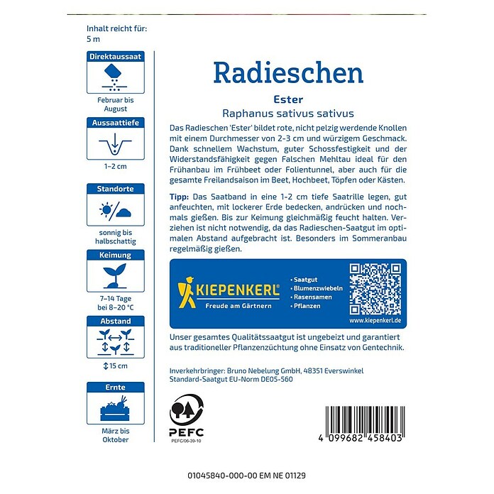 Kiepenkerl Profi-Line Gemüsesamen Radieschen Ester Saatband (Raphanus sativus var. sativus, Erntezeit: April) | BAUHAUS