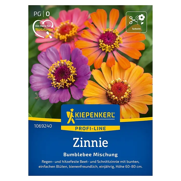 Kiepenkerl Profi-Line Blumensamen Zinnien - Zinnia elegans, Mehrfarbig - Abbildung des Kiepenkerl Profi-Line Zinnien Bumblebee Mischung Saatguts. Die Mischung verspricht eine Vielfalt an bunten Zinnien.