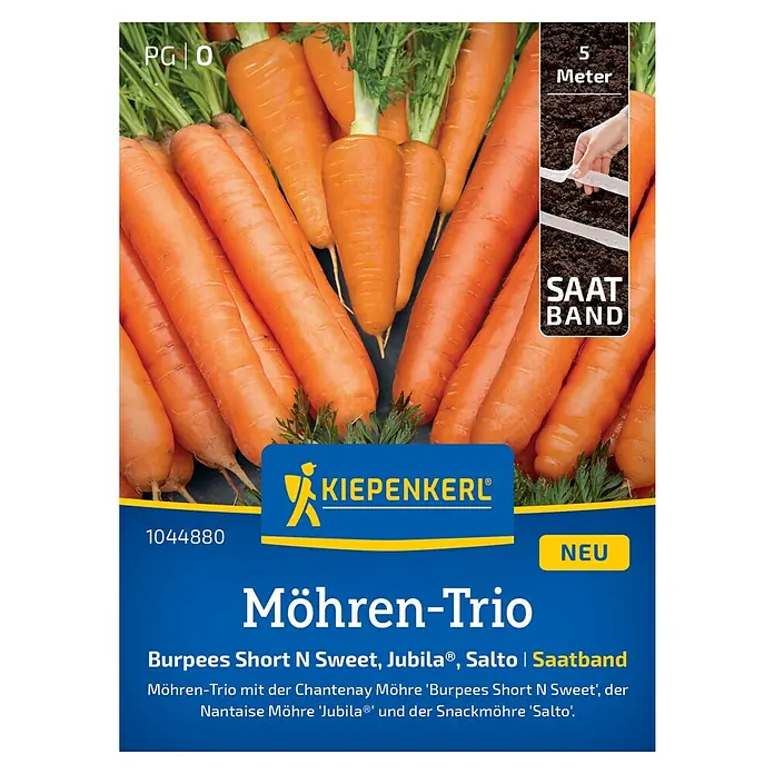 Kiepenkerl Gemüsesamen Saatband Möhren-Trio - Daucus carota - Bild einer Packung Möhren-Trio-Samen von Kiepenkerl, bestehend aus den Sorten Burpees Short N Sweet, Jubila und Salto.