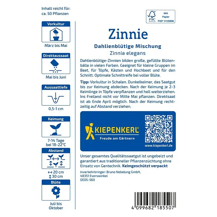 Kiepenkerl Blumensamen Zinnien - Zinnia elegans, Mehrfarbig - Bild einer Saattüte mit Informationen zur Aussaat von Zinnien der Sorte Zinnia elegans, einer Dahlienblütigen Mischung von Kiepenkerl.