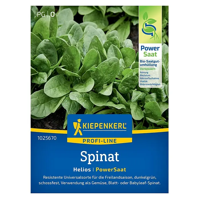 Kiepenkerl Profi-Line Gemüsesamen Spinat PowerSaat - Spinacia oleracea, Erntezeit: April - Bild einer Spinatsamenpackung der Marke Kiepenkerl, Profi-Line. Helios Spinat-Power-Saatgut, resistent und vielseitig verwendbar.
