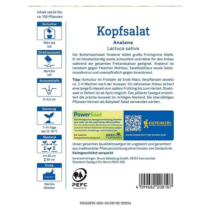 Kiepenkerl Profi-Line Salatsamen Kopfsalat Analena PowerSaat (Lactuca sativa, Erntezeit: Mai) | BAUHAUS