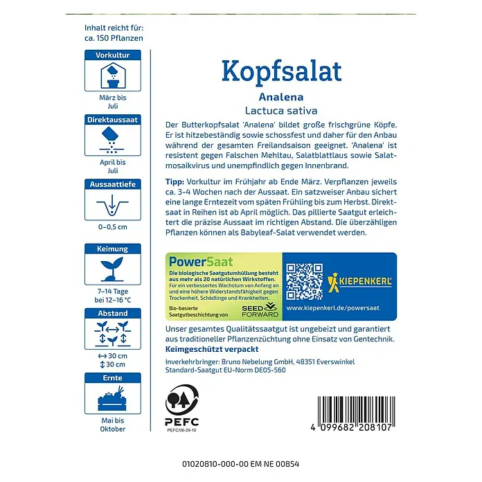 Kiepenkerl Profi-Line Salatsamen Kopfsalat Analena PowerSaat - Lactuca sativa, Erntezeit: Mai - Abbildung von Kopfsalat 'Analena' Saatgutpackung, die Informationen zu Anbau, Ernte und Eigenschaften der Sorte bietet.