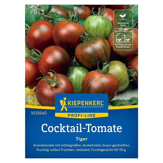Kiepenkerl Profi-Line Gemüsesamen Tomate Tiger - Solanum lycopersicum, Erntezeit: Juli - Abbildung einer Kiepenkerl Cocktail-Tomate 'Tiger', eine aromatische Sorte mit dunkelroten, braun gestreiften Früchten. Ideal für Freiland und Gewächshaus!
