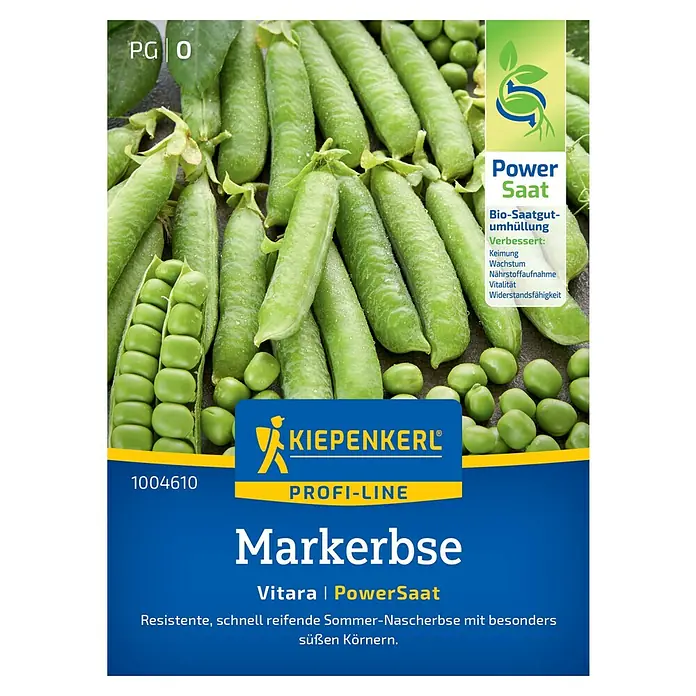 Kiepenkerl Profi-Line Gemüsesamen Markerbse - Pisum sativum convar. medullare, Erntezeit: Juni - Bild einer 'Markerbse Vitara PowerSaat' Samenpackung von Kiepenkerl, die widerstandsfähige, schnell reifende Sommer-Nascherbsen verspricht.