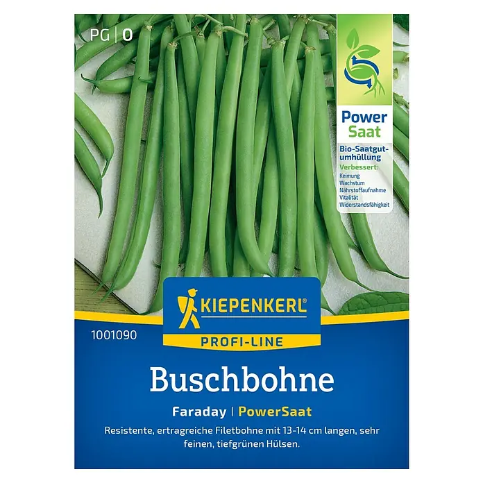 Kiepenkerl Profi-Line Gemüsesamen Buschbohne Faraday PS - Phaseolus vulgaris var. nanus, Erntezeit: Juli - Das Bild zeigt eine Packung Buschbohnen „Faraday PowerSaat“ von Kiepenkerl Profi-Line mit grünen Bohnen im Hintergrund.