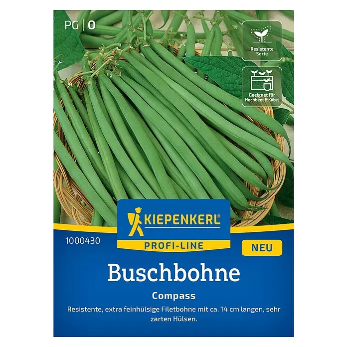 Kiepenkerl Profi-Line Gemüsesamen Buschbohne Compass - Phaseolus vulgaris nanus, Erntezeit: Juli, Inhalt reicht für ca. 8-10 Meter - Frisch geerntete grüne Buschbohnen der Sorte 'Compass' in einem Weidenkorb, bekannt für ihre schlanken, zarten Hülsen.