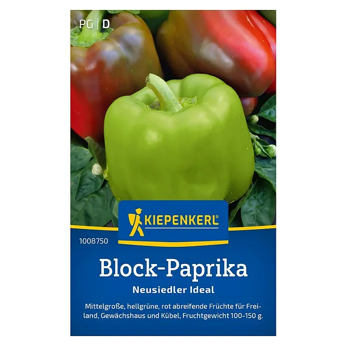 Kiepenkerl Gemüsesamen Block-Paprika - Capsicum annuum, Erntezeit: Juli - Samenpackung Block-Paprika Neusiedler Ideal, mit mittelgroßen, hellgrünen bis roten Früchten für Freiland, Gewächshaus und Kübel.