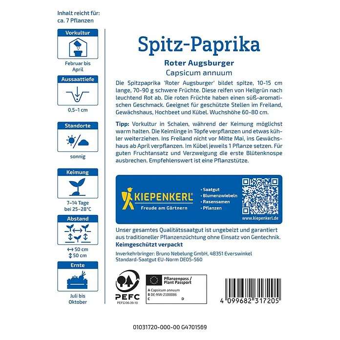 Kiepenkerl Profi-Line Gemüsesamen Spitzpaprika - Capsicum annuum, Erntezeit: Juli - Abbildung der Samenpackung für Spitz-Paprika 'Roter Augsburger' mit Anbauhinweisen.
