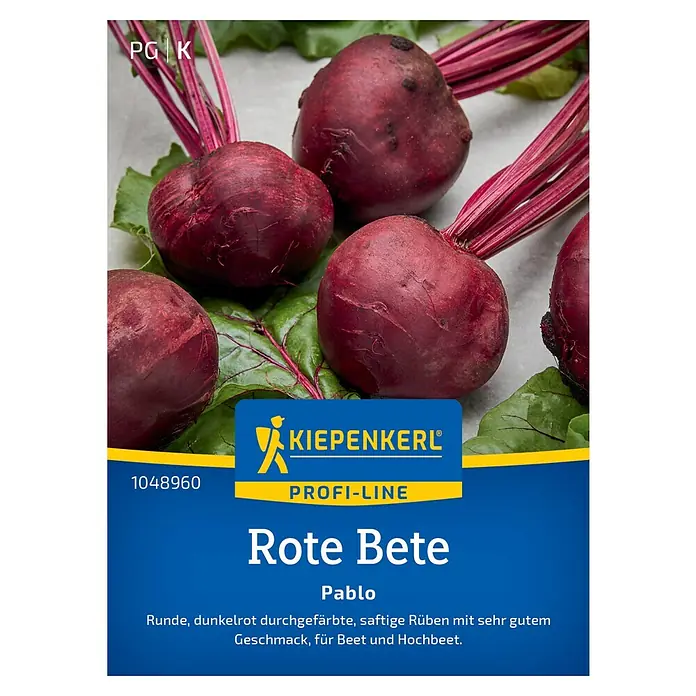 Kiepenkerl Profi-Line Gemüsesamen Rote Bete - Beta vulgaris var. vulgaris, Erntezeit: August - Samentüte "Rote Bete Pablo" von Kiepenkerl Profi-Line mit runden, dunkelroten Rüben für Beet und Hochbeet.