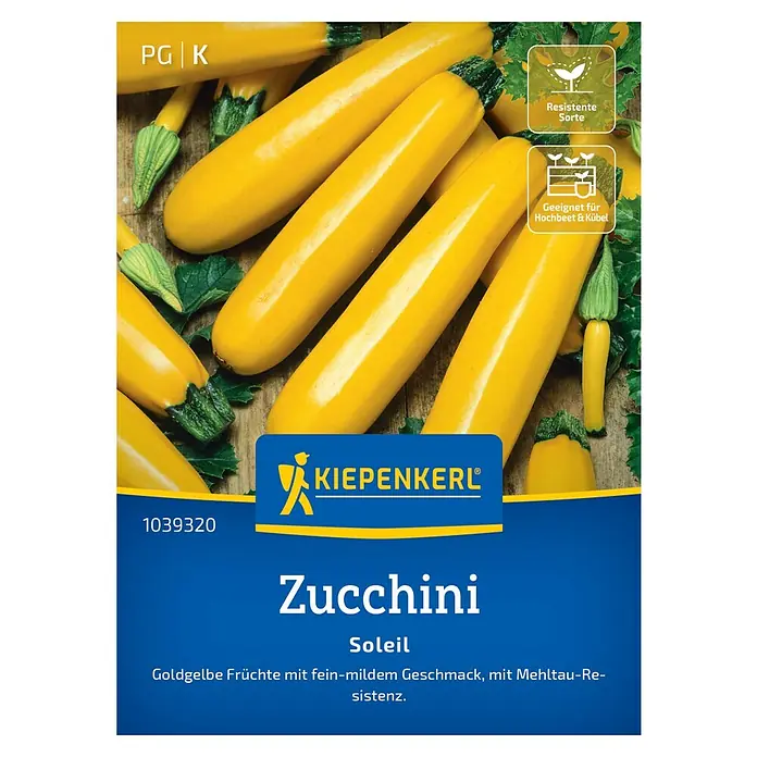 Kiepenkerl Profi-Line Gemüsesamen Zucchini Soleil, F1 - Cucurbita pepo, Erntezeit: Juli - Samenpackung für goldgelbe "Soleil" Zucchini, ideal für Hochbeete und Kübel, resistent gegen Mehltau.