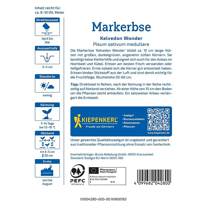 Kiepenkerl Gemüsesamen Markerbse Kelvedon Wonder - Pisum sativum, Erntezeit: Juni - Bild einer Saatguttüte Kiepenkerl Markerbse 'Kelvedon Wonder'.