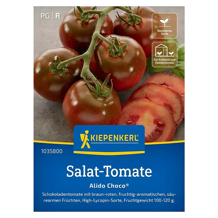 Kiepenkerl Gemüsesamen Tomate Alido Choco® - Solanum lycopersicum, Erntezeit: Juli - Abbildung einer 'Alido Choco' Salat-Tomate von Kiepenkerl, einer Schokoladentomate mit einem Fruchtgewicht von 100-120 g.
