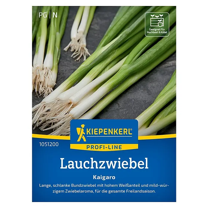 Kiepenkerl Profi-Line Gemüsesamen Lauchzwiebel Kaigaro - Allium fistulosum, Erntezeit: Mai - Produktbild der Lauchzwiebel Kaigaro von KIEPENKERL, ideal für Hochbeete und Kübel, mit langem, schlanken Weißanteil und mild-würzigem Zwiebelaroma.