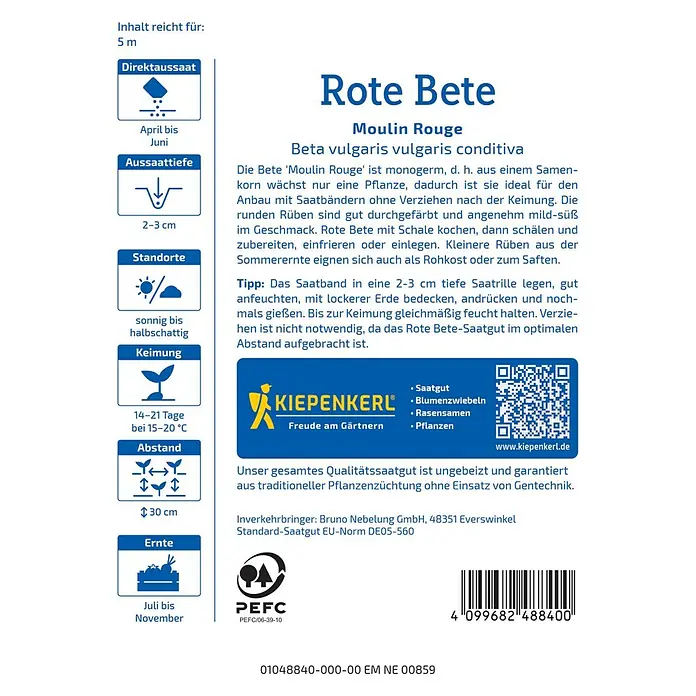 Kiepenkerl Profi-Line Gemüsesamen Rote Bete - Beta vulgaris, Erntezeit: Juni - Abbildung eines Samentütendesigns für Rote Bete 'Moulin Rouge' mit Anbauhinweisen und Informationen.
