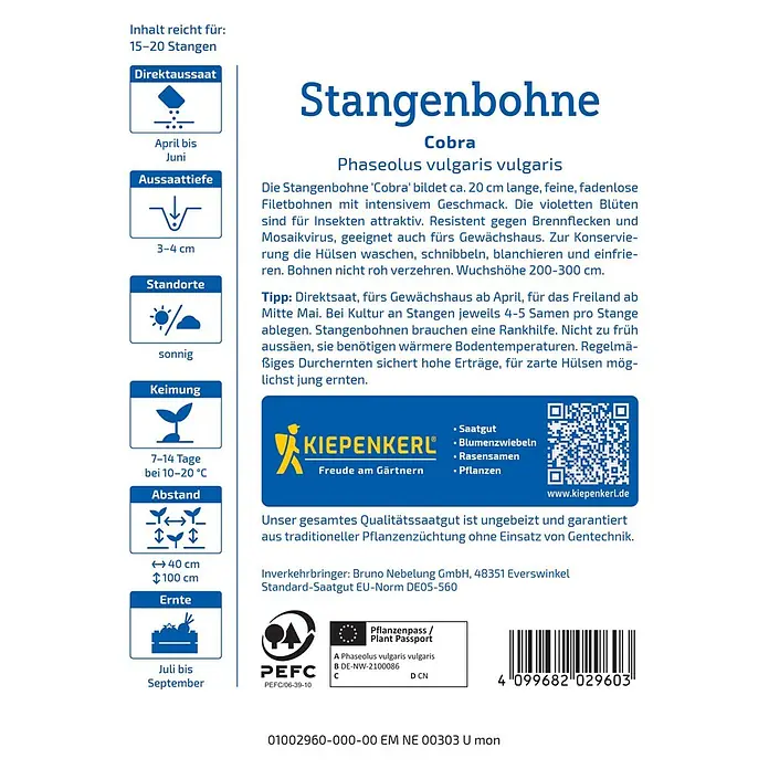 Kiepenkerl Profi-Line Gemüsesamen Stangenbohne Cobra - Phaseolus vulgaris var. vulgaris, Erntezeit: Juli - Bild einer Samenpackung für Stangenbohnen 'Cobra' mit Anbauhinweisen.