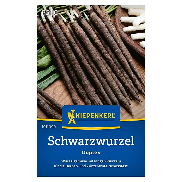Kiepenkerl Gemüsesamen Schwarzwurzel Duplex - Scorzonera hispanica, Erntezeit: September - Bild einer Kiepenkerl Schwarzwurzel Duplex Samenpackung, die lange Wurzeln für die Herbst- und Winterernte verspricht.