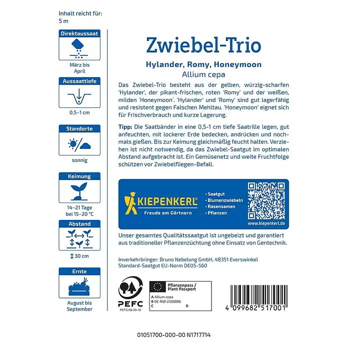 Kiepenkerl Gemüsesamenmischung Zwiebel-Trio - Allium cepa, Erntezeit: August, Inhalt reicht für ca. 5 Meter - Saatguttüte für Zwiebel-Trio mit Pflanzanleitung und Sorteninformationen.