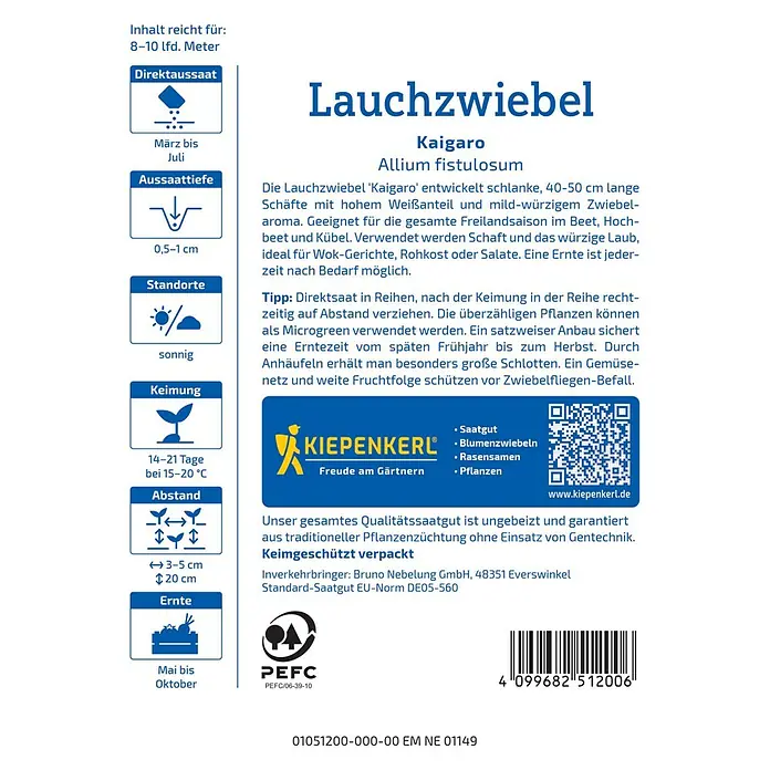 Kiepenkerl Profi-Line Gemüsesamen Lauchzwiebel Kaigaro - Allium fistulosum, Erntezeit: Mai - Produktabbildung: Lauchzwiebel 'Kaigaro', eine Allium fistulosum Sorte, ideal für Garten und Küche.