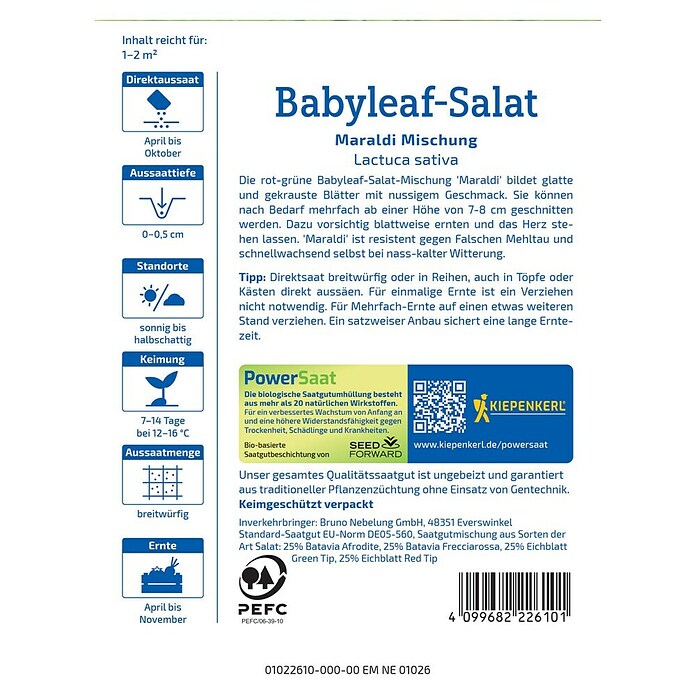 Kiepenkerl Profi-Line Salatsamen Pflücksalat Babyleaf Maraldi Mix PowerSaat (Lactuca sativa, Erntezeit: April, 0,6 g) | BAUHAUS