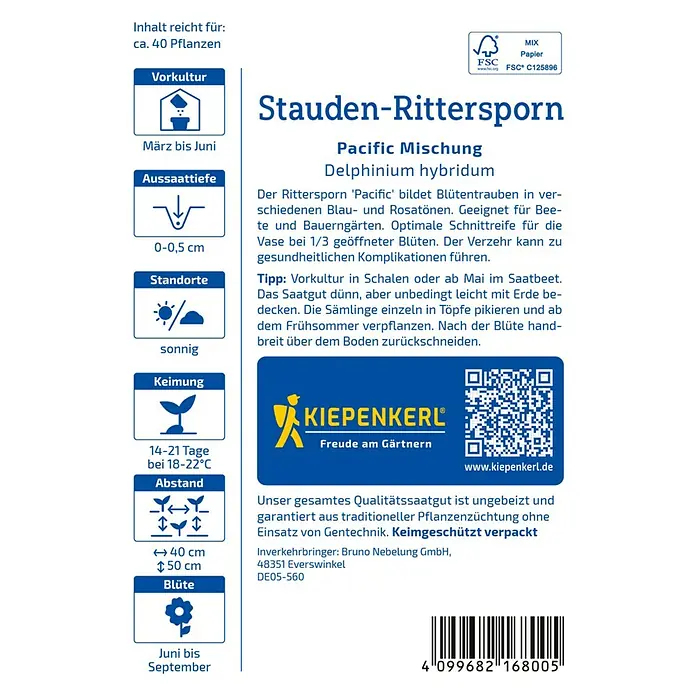 Kiepenkerl Profi-Line Blumensamen Stauden-Rittersporn - Delphinium x cultorum, Mehrfarbig - Abbildung der Kiepenkerl Stauden-Rittersporn Pacific Mischung Saatgutpackung mit Pflanzanleitung und Informationen zur Aussaat.