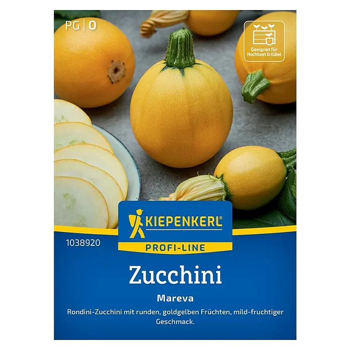Kiepenkerl Profi-Line Gemüsesamen Zucchini Mareva - Cucurbita pepo, Erntezeit: Juli - Das Bild zeigt eine Packung Kiepenkerl Profi-Line Zucchini Mareva Samen, mit runden, goldgelben Zucchinis.
