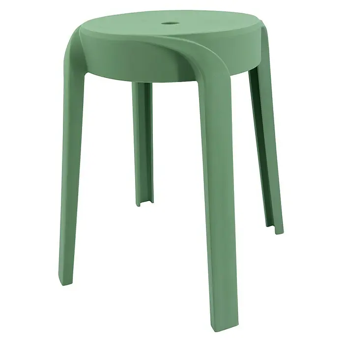 Hocker - Ø x H: 33 x 45 cm, Grün, Kunststoff - Ein olivgrüner, runder Hocker aus Kunststoff mit einem Loch in der Mitte der Sitzfläche.