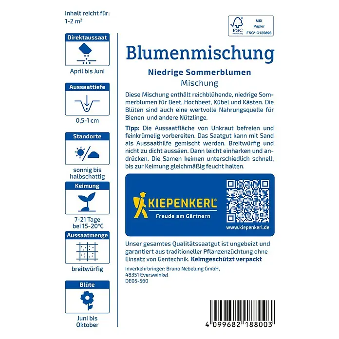 Kiepenkerl Blumensamenmischung Sommerblumen - Verschiedene Sorten, Mehrfarbig - Produktbild einer "Blumenmischung - Niedrige Sommerblumen Mischung" Samenpackung mit Aussaatanleitung.