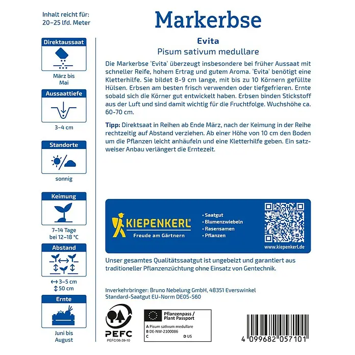 Kiepenkerl Gemüsesamen Markerbse Evita Vorteilspack - Pisum sativum, Erntezeit: Juni - Bild einer Samenpackung für 'Evita' Markerbse, eine Sorte der Gartenerbse (Pisum sativum medullare).