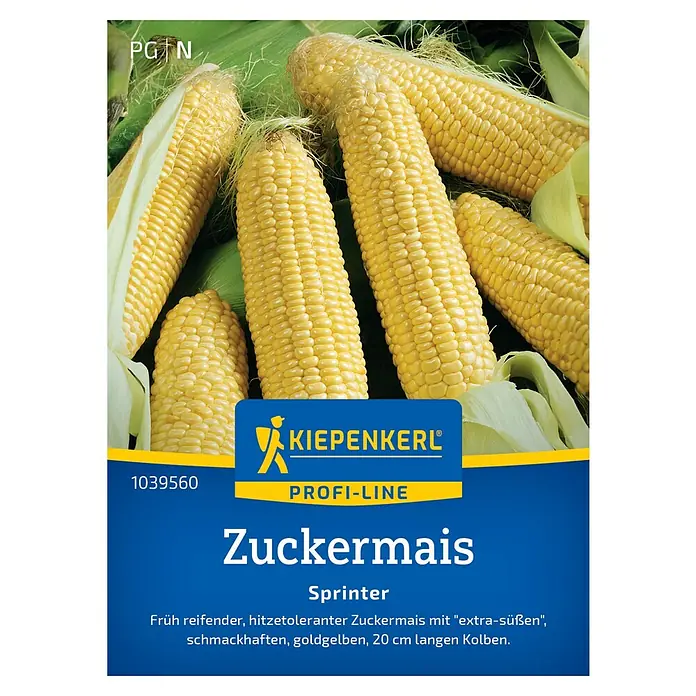 Kiepenkerl Profi-Line Gemüsesamen Zuckermais - Zea mays, Erntezeit: August - Bild von "Zuckermais Sprinter" Samenpackung von Kiepenkerl, mit goldgelben Maiskolben.
