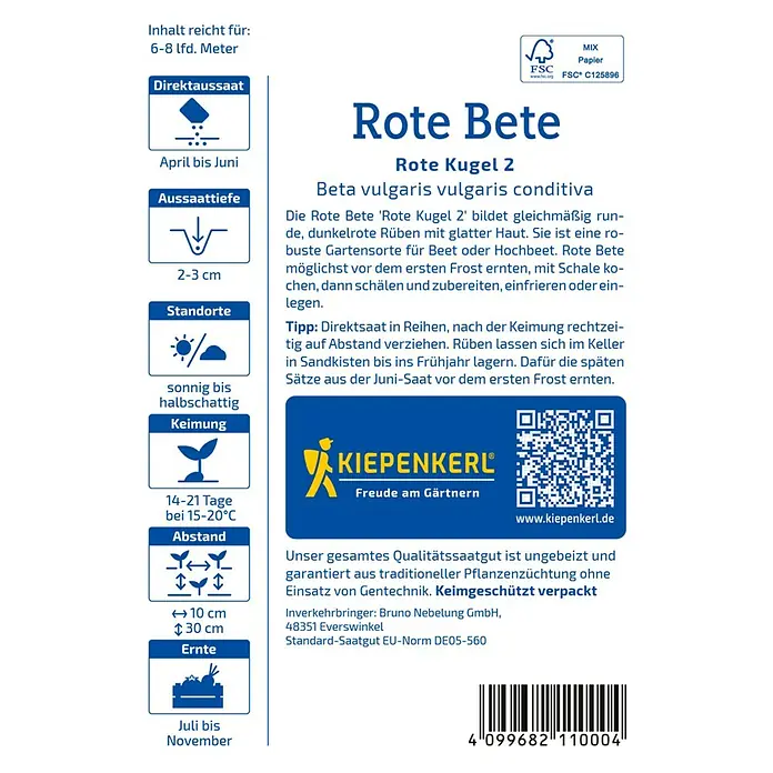 Kiepenkerl Gemüsesamen Rote Bete Rote Kugel 2 - Beta vulgaris var. vulgaris, Erntezeit: Juli - Bild einer Samenpackung für "Rote Bete Kugel 2", eine robuste Sorte für den Anbau im Garten oder Hochbeet.