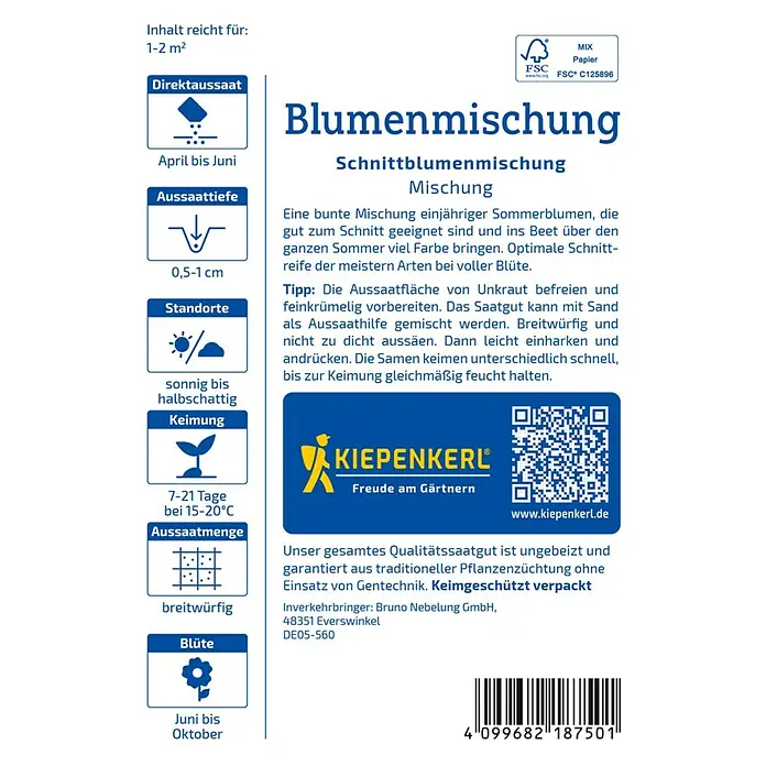 Kiepenkerl Blumensamenmischung Schnittblumen einjährig - Mischung, Mehrfarbig - Abbildung der Blumenmischung-Samenpackung. Direktsaat von April bis Juni, 0,5-1 cm tief säen, sonnig bis halbschattig.