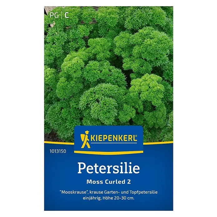 Kiepenkerl Kräutersamen Petersilie Moss Curled 2 - Petroselinum crispum, Saatzeit: März, Erntezeit: Juni - Abbildung der Kiepenkerl Petersilie Moss Curled 2, einer einjährigen, krausen Garten- und Topfpetersilie mit einer Höhe von 20-30 cm.