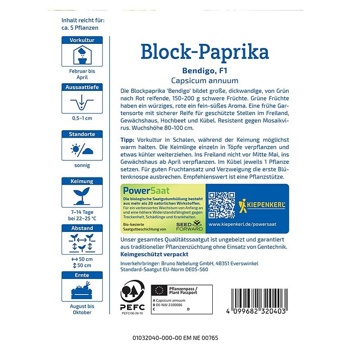 Kiepenkerl Profi-Line Gemüsesamen Block-Paprika Bendigo (Capsicum annuum, Erntezeit: August, Inhalt reicht für ca. 5 Pflanzen) | BAUHAUS