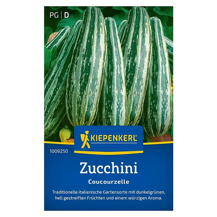 Kiepenkerl Gemüsesamen Zucchini - Cucurbita pepo, Erntezeit: Juli - Samenpackung für Zucchini 'Coucourzelle'. Traditionelle italienische Sorte mit dunkelgrünen, hell gestreiften Früchten.
