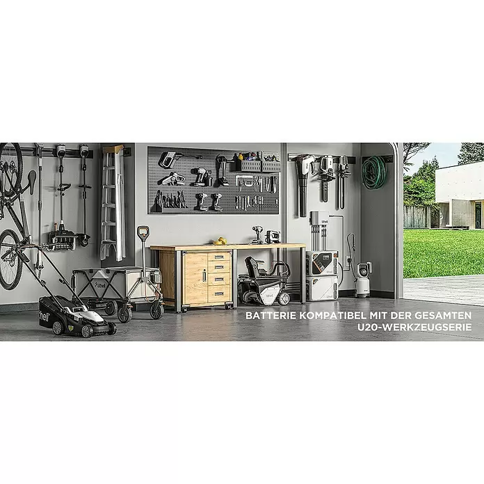 Litheli U20 Akku-Laubbläser - 20 V, 2 Akkus, 4 Ah, Blasgeschwindigkeit: 50 m/s, Blasleistung: 973 m³/min - Organisierte Garage mit verschiedenen schwarzen und weißen Elektrowerkzeugen, Gartengeräten und modularem Batteriesystem, das U20-Serienkompatibilität hervorhebt.