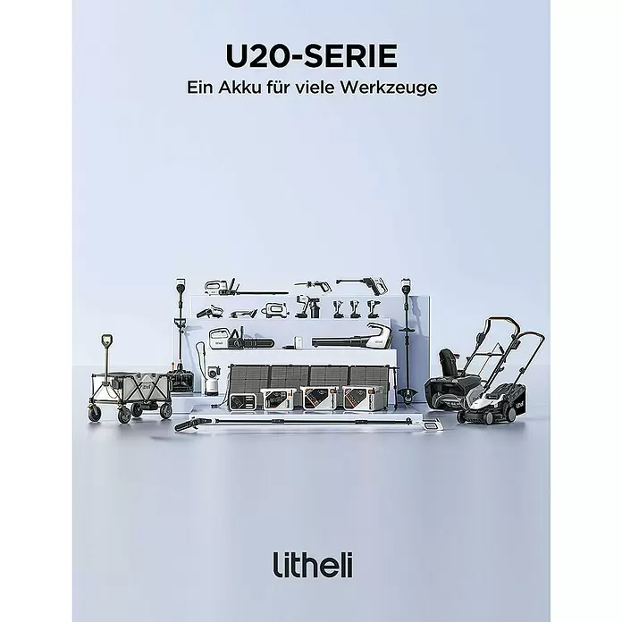Litheli U20 Akku-Laubbläser - 20 V, 2 Akkus, 4 Ah, Blasgeschwindigkeit: 50 m/s, Blasleistung: 973 m³/min - Eine Sammlung der Litheli U20-Serie: schwarz-weiße Elektrowerkzeuge, Gartengeräte und Akkus mit universellem Akkusystem.