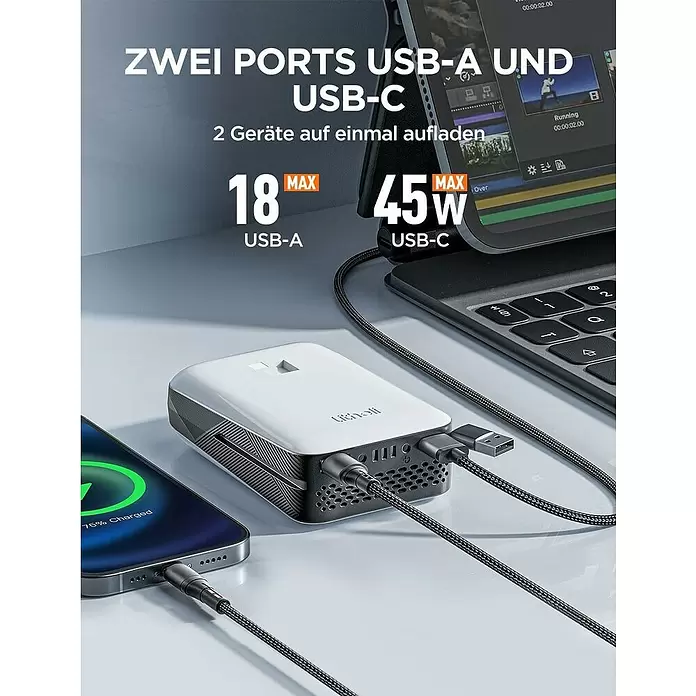Litheli U20 Akku-Laubbläser - 20 V, 2 Akkus, 4 Ah, Blasgeschwindigkeit: 50 m/s, Blasleistung: 973 m³/min - Eine weiß-schwarze tragbare Powerbank mit USB-A- und USB-C-Anschlüssen, die gleichzeitig ein Smartphone und ein Tablet/Laptop auflädt.