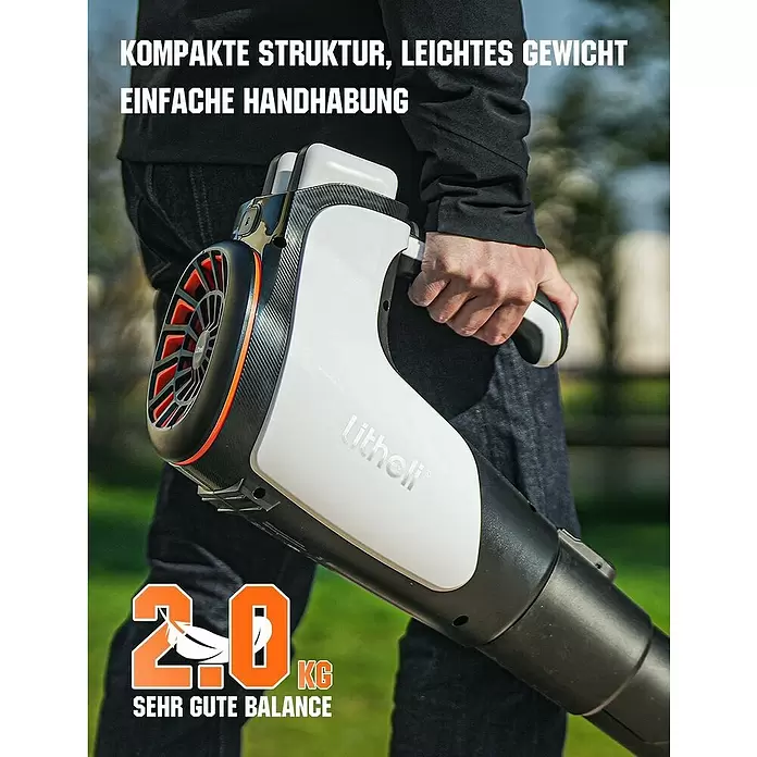 Litheli U20 Akku-Laubbläser - 20 V, 2 Akkus, 4 Ah, Blasgeschwindigkeit: 50 m/s, Blasleistung: 973 m³/min - Kompaktes weiß-schwarzes Laubblasgerät mit orangen Akzenten, von einer Person gehalten, was sein geringes Gewicht und einfache Handhabung hervorhebt.
