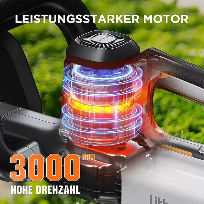 Litheli U20 Akku-Heckenschere - 20 V, Li-Ionen, 1 Akku, Schnittlänge: 510 cm - Leistungsstarker Elektromotor eines Gartengeräts, mit glühenden Spulen und '3000 RPM' für hohe Drehzahl.