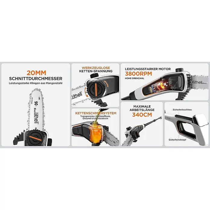 Litheli U20 Akku-Hochentaster - 2 Ah, 1 Akku, Schwertlänge: 200 mm, Länge Stiel: 340 cm - Eine schwarz-orange Mini-Kettensäge mit 20mm Schnittdurchmesser und 3800 U/min Motor, zeigt werkzeuglose Kettenspannung und Ölschmiersystem.