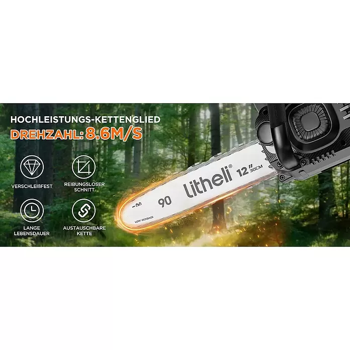 Litheli U20 Akku-Kettensäge - 20 V, 2 Ah, Li-Ionen, 2 Akkus, Schwertlänge: 305 mm - Eine schwarz-silberne Litheli Kettensäge mit 12-Zoll-Schwert beim Holzschneiden, mit 8,6 m/s Kettengeschwindigkeit und verschleißfesten Eigenschaften.