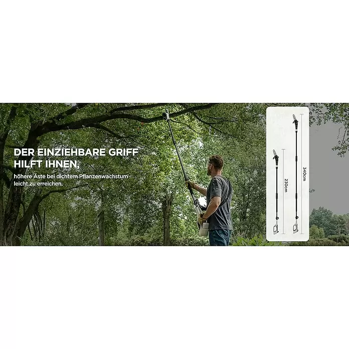 Litheli U20 Akku-Hochentaster - 2 Ah, 1 Akku, Schwertlänge: 200 mm, Länge Stiel: 340 cm - Ein Mann stutzt Äste mit einer schwarzen Teleskop-Astsäge, die von 230 cm auf 340 cm ausziehbar ist.