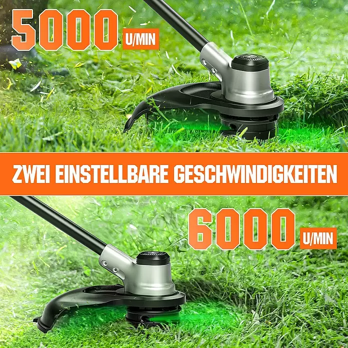 Litheli U20 Akku-Rasentrimmer - 2 Ah, Li-Ionen, 2 Akkus, Schnittbreite Faden: 35 cm - Silber-schwarzer Rasentrimmer schneidet Gras, zeigt einstellbare Geschwindigkeiten von 5000 und 6000 U/min.